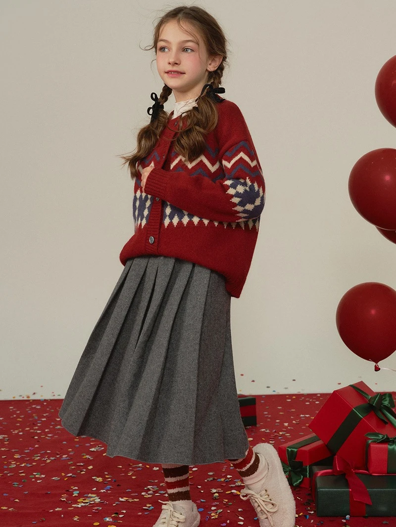 格岚云顿英国品牌高端系列女童冬季圣诞红色毛衣2024秋冬新款儿童洋气中大童针织开衫年服 商品