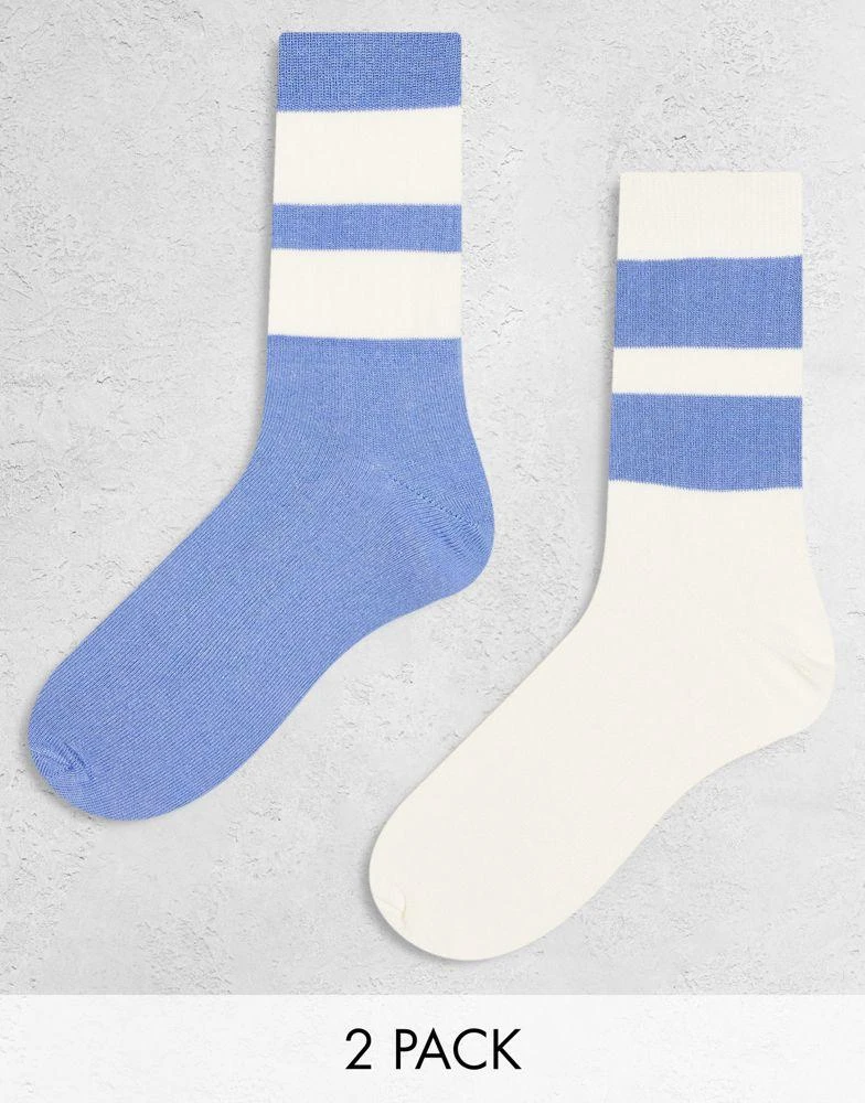商品ASOS|ASOS DESIGN 2 pack ankle sock with wide stripes in blue and off-white,价格¥67,第1张图片