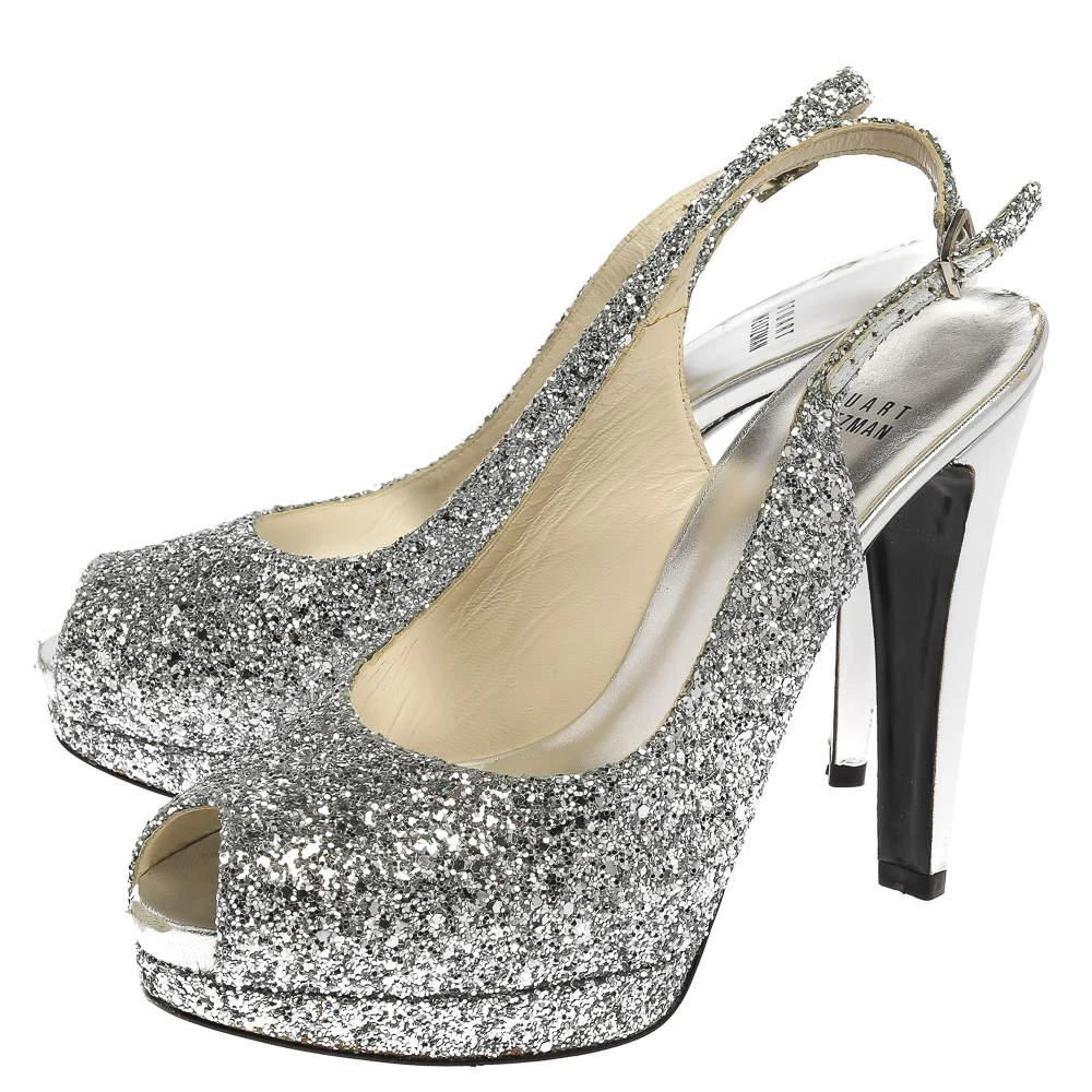 商品[二手商品] Stuart Weitzman|Stuart Weitzman Silver Coarse Glitter Peep Toe Slingback Sandals Size 38.5,价格¥1030,第4张图片详细描述