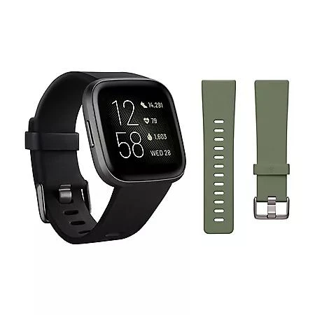 商品Fitbit|Fitbit Versa 2 Smartwatch Carbon (Black) with Bonus Bands (Olive),价格¥738,第1张图片