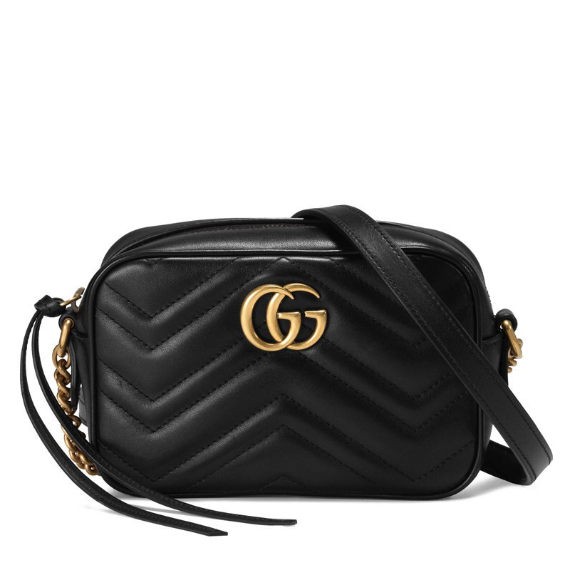 商品Gucci|GUCCI/古驰 迷你GG Marmont女士黑色牛皮波浪纹双G链条单肩斜挎相机包,价格¥10416,第1张图片