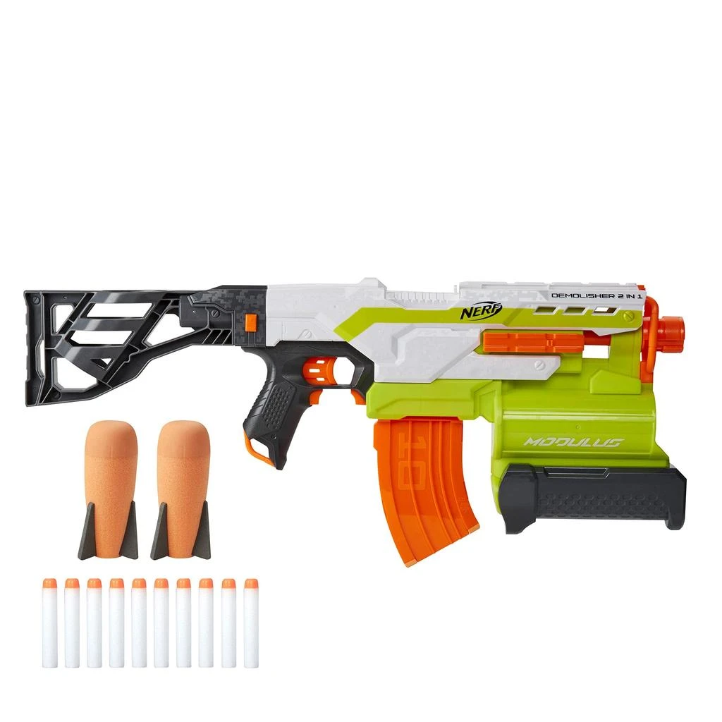 商品Nerf|NERF Modulus Demolisher 2-in-1 Motorized Blaster, Fires Darts and Rockets, Includes 10 Elite Darts, Banana Clip, 2 Rockets, Stock (Amazon Exclusive),价格¥358,第1张图片