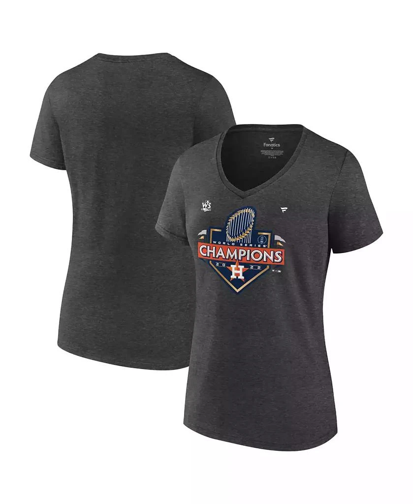 商品Fanatics|Women's Heather Charcoal Houston Astros 2022 World Series Champions Locker Room Short Sleeve V-Neck T-shirt,价格¥301,第1张图片