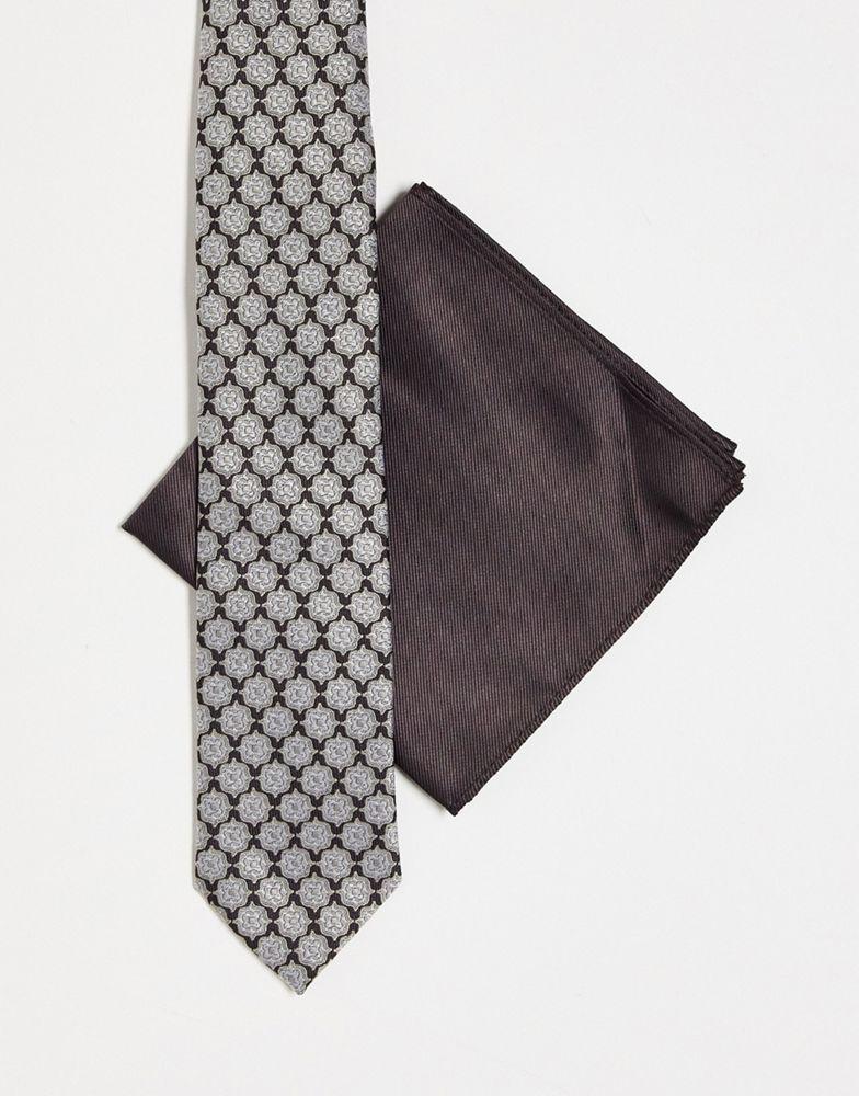 ASOS DESIGN slim tie and pocket square in brown and cream 70s design商品第1张图片规格展示