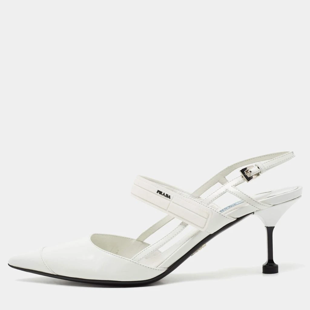 商品[二手商品] Prada|Prada White Leather and Rubber Pointed Toe Slingback Pumps Size 39,价格¥3271,第1张图片
