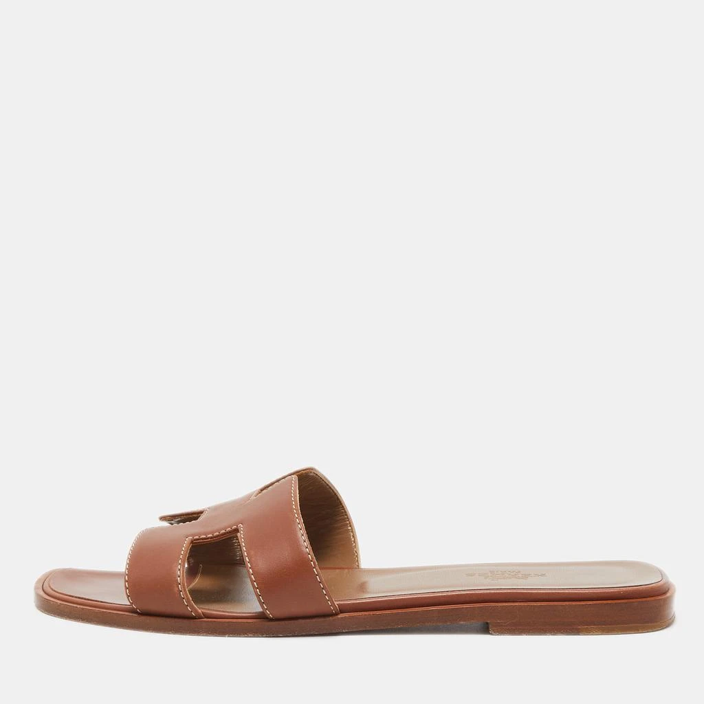 商品[二手商品] Hermes|Hermes Brown Leather Oran Flat Slides Size 37,价格¥3355,第1张图片