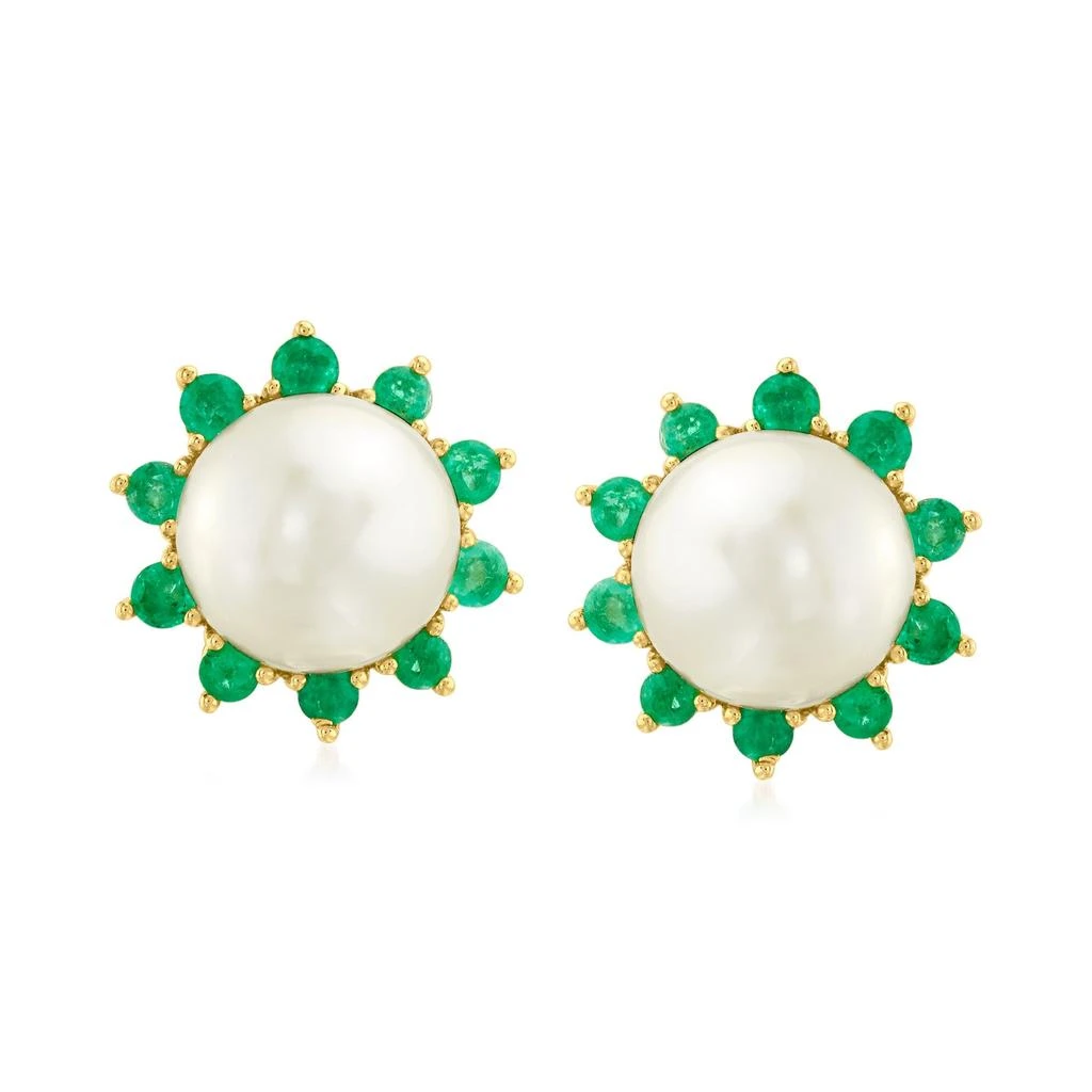 商品Ross-Simons|8mm Cultured Pearl and . Emerald Earrings in 18kt Gold Over Sterling,价格¥710,第1张图片