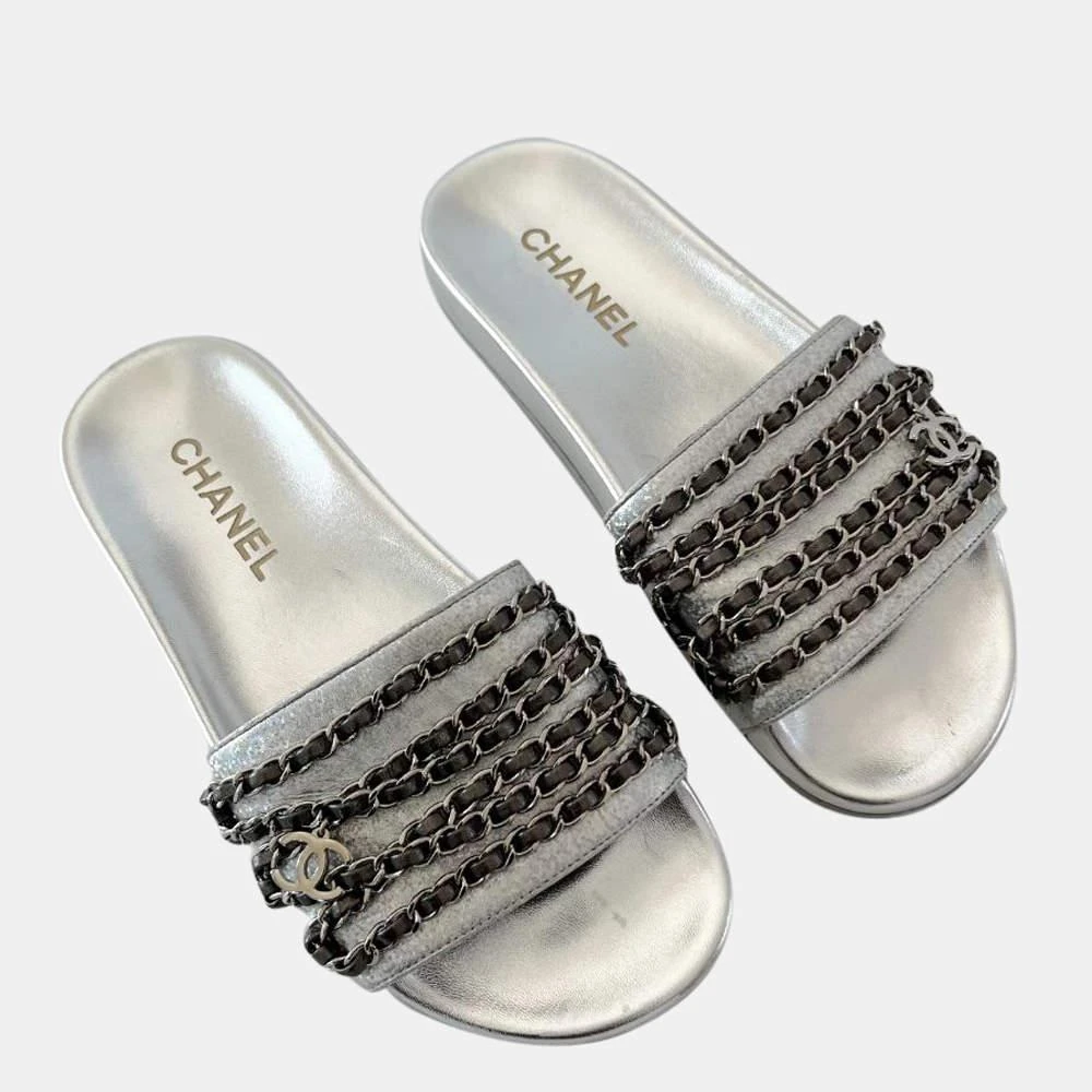 Chanel Silver Leather Chain Detail Interlocking CC Logo Slides Sandals Size EU 38 商品