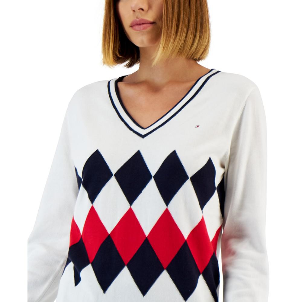 Women's Cotton Argyle V-Neck Sweater商品第3张图片规格展示