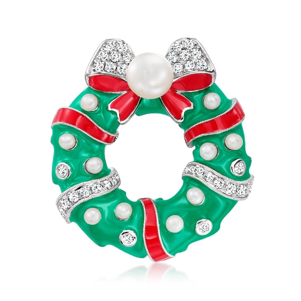 商品Ross-Simons|2.5-8mm Cultured Pearl and White Topaz Christmas Wreath Pin With Red and Green Enamel in Sterling Silver,价格¥1653,第1张图片