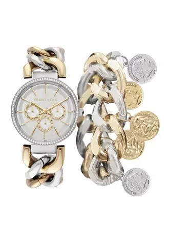 商品KENDALL & KYLIE|Silver and Gold Tone Metal Chunky Chain Strap Mock-Chronograph Analog Watch and Coin Bracelet Set,价格¥713,第1张图片