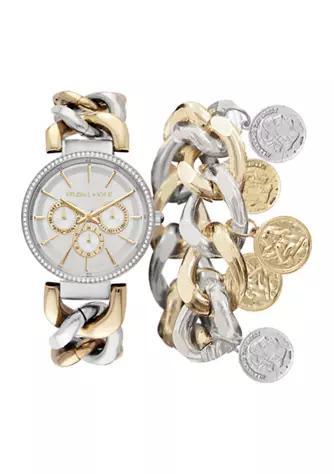 商品KENDALL & KYLIE|Silver and Gold Tone Metal Chunky Chain Strap Mock-Chronograph Analog Watch and Coin Bracelet Set,价格¥706,第1张图片