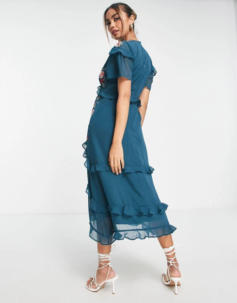商品Hope & Ivy|Hope & Ivy embroidered ruffle midi dress in emerald,价格¥839,第2张图片详细描述