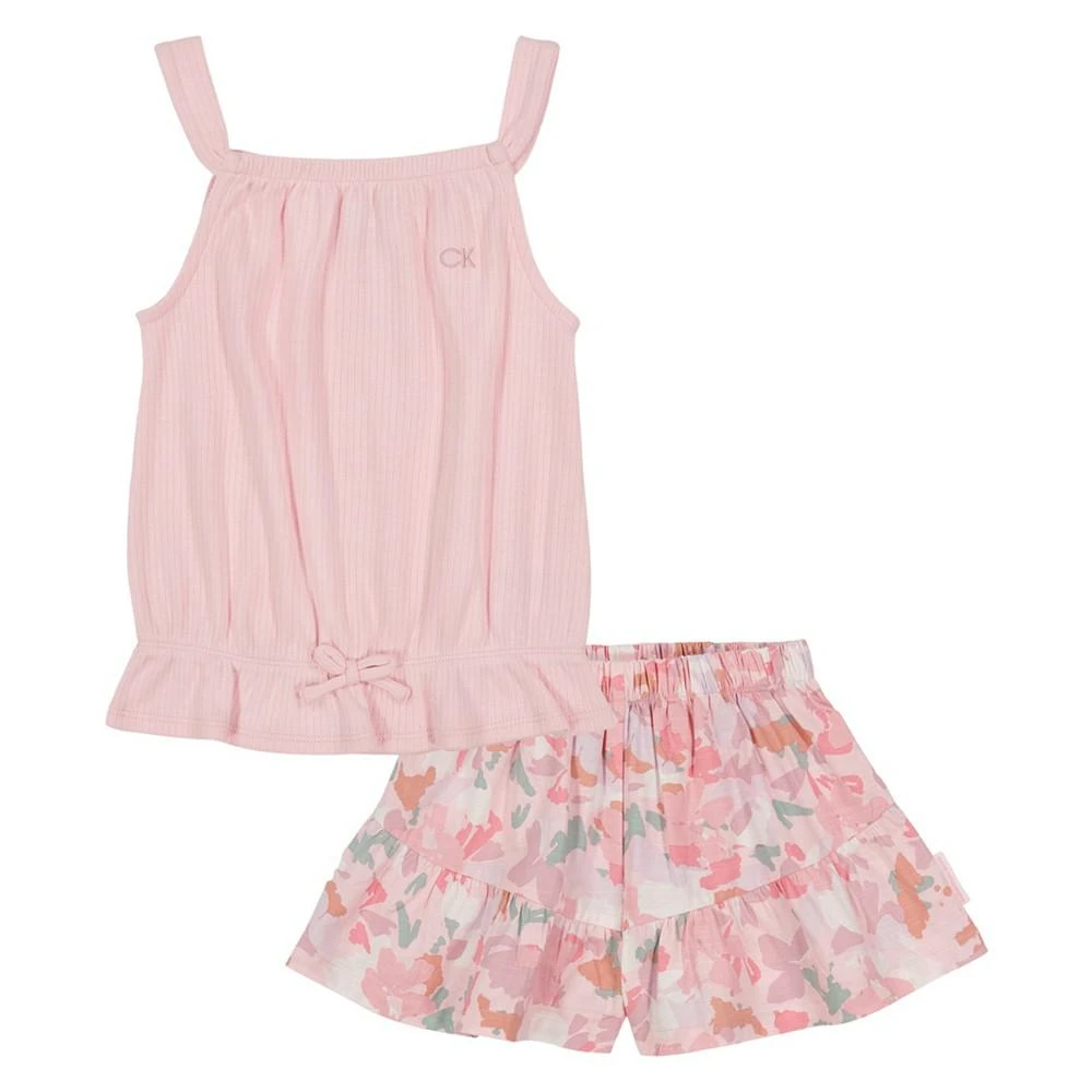 商品Calvin Klein|Little Girls Ribbed Knit Halter Top and Floral Skort, 2 Piece Set,价格¥179,第1张图片