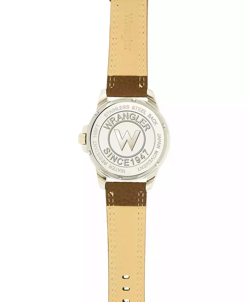 商品Wrangler|Men's Watch, 46MM Silver Colored Case with Embossed Arabic Numerals on Bezel, Ivory Sunray Dial, Silver Index Markers, Analog, Brown Strap,价格¥425,第4张图片详细描述