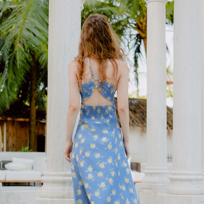 Frida蓝色洋牡丹侧开衩后背环扣设计法式连衣裙 | Frida Dress - Blue Floral 商品第6张图片规格展示