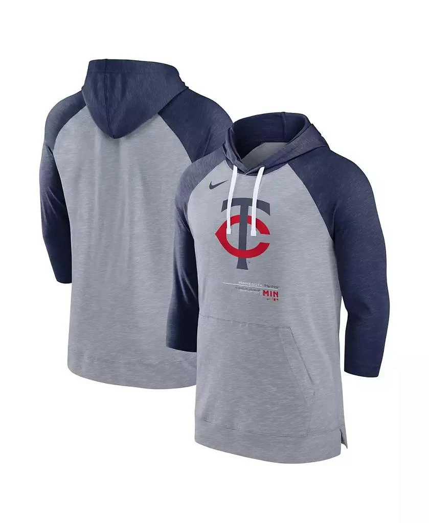 商品NIKE|Men's Heather Gray, Heather Navy Minnesota Twins Baseball Raglan 3/4 Sleeve Pullover Hoodie,价格¥486,第2张图片详细描述