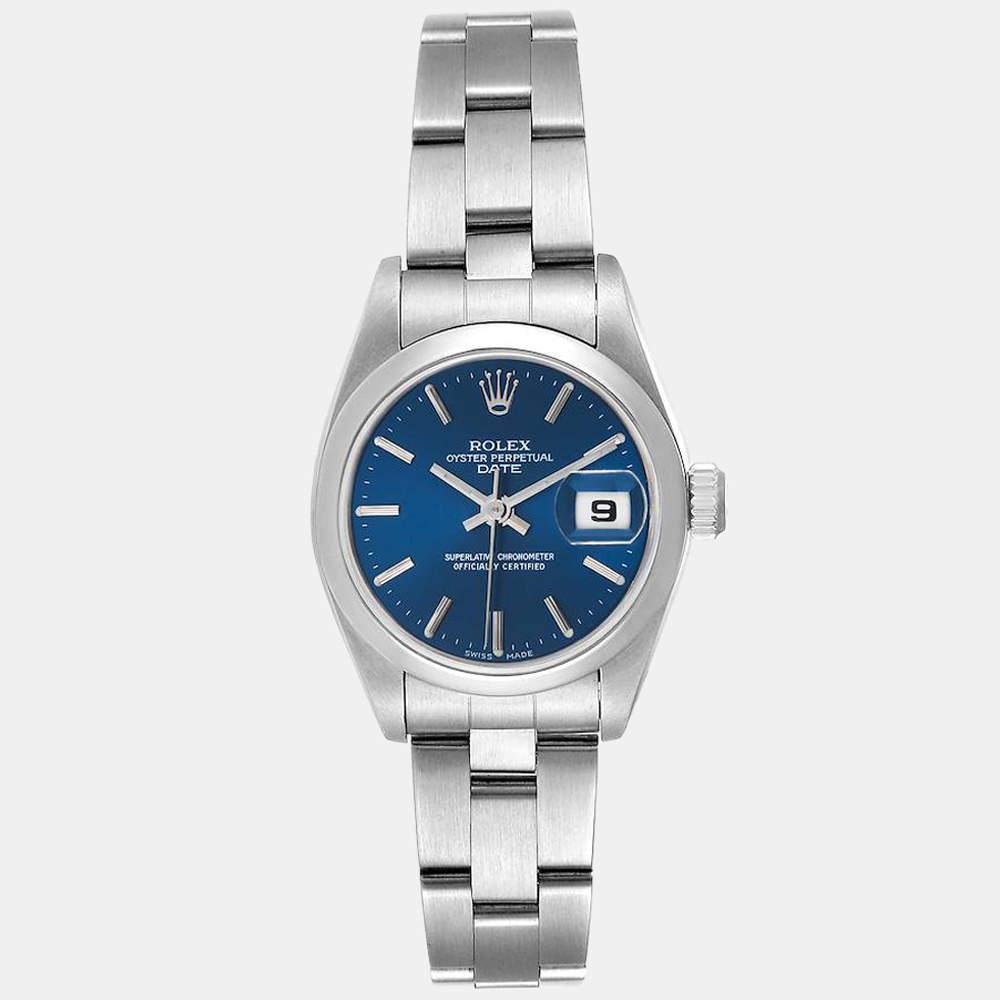 商品[二手商品] Rolex|Rolex Blue Stainless Steel Oyster Perpetual Date 69160 Women's Wristwatch 26 mm,价格¥33378,第5张图片详细描述