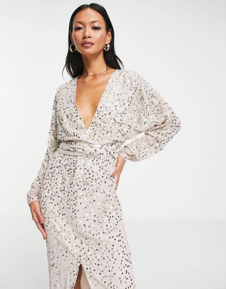 商品ASOS|ASOS DESIGN midi dress with batwing sleeve and wrap waist in scatter sequin,价格¥486,第1张图片