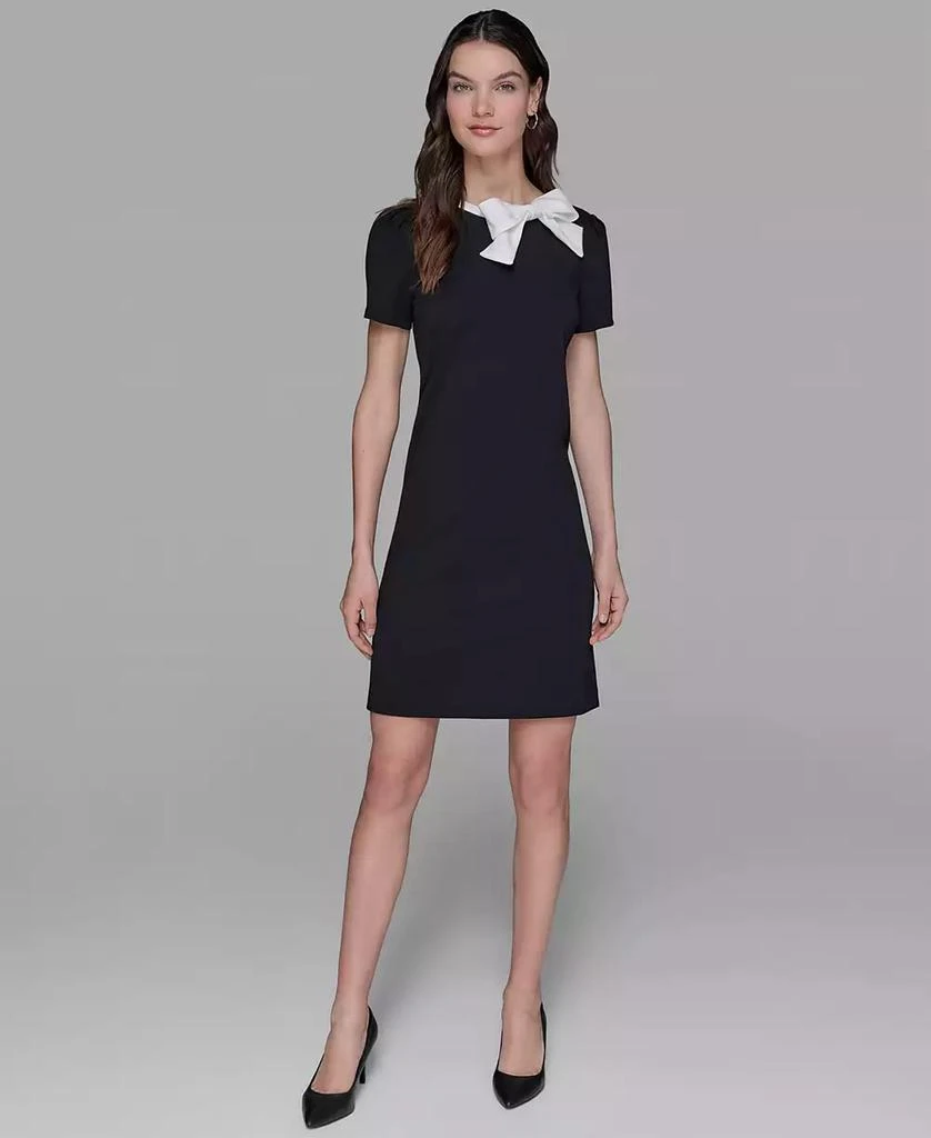 商品Karl Lagerfeld Paris|Women's Scuba Crepe Short Sleeve Bow Detail A-line Dress,价格¥1023,第1张图片