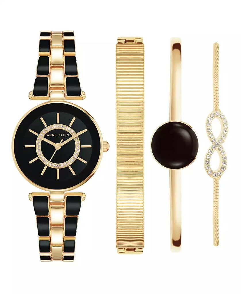 商品Anne Klein|Women's Gold-Tone Alloy Bracelet with Black Enamel and Crystal Accents Fashion Watch 34mm Set 4 Pieces,价格¥1317,第1张图片