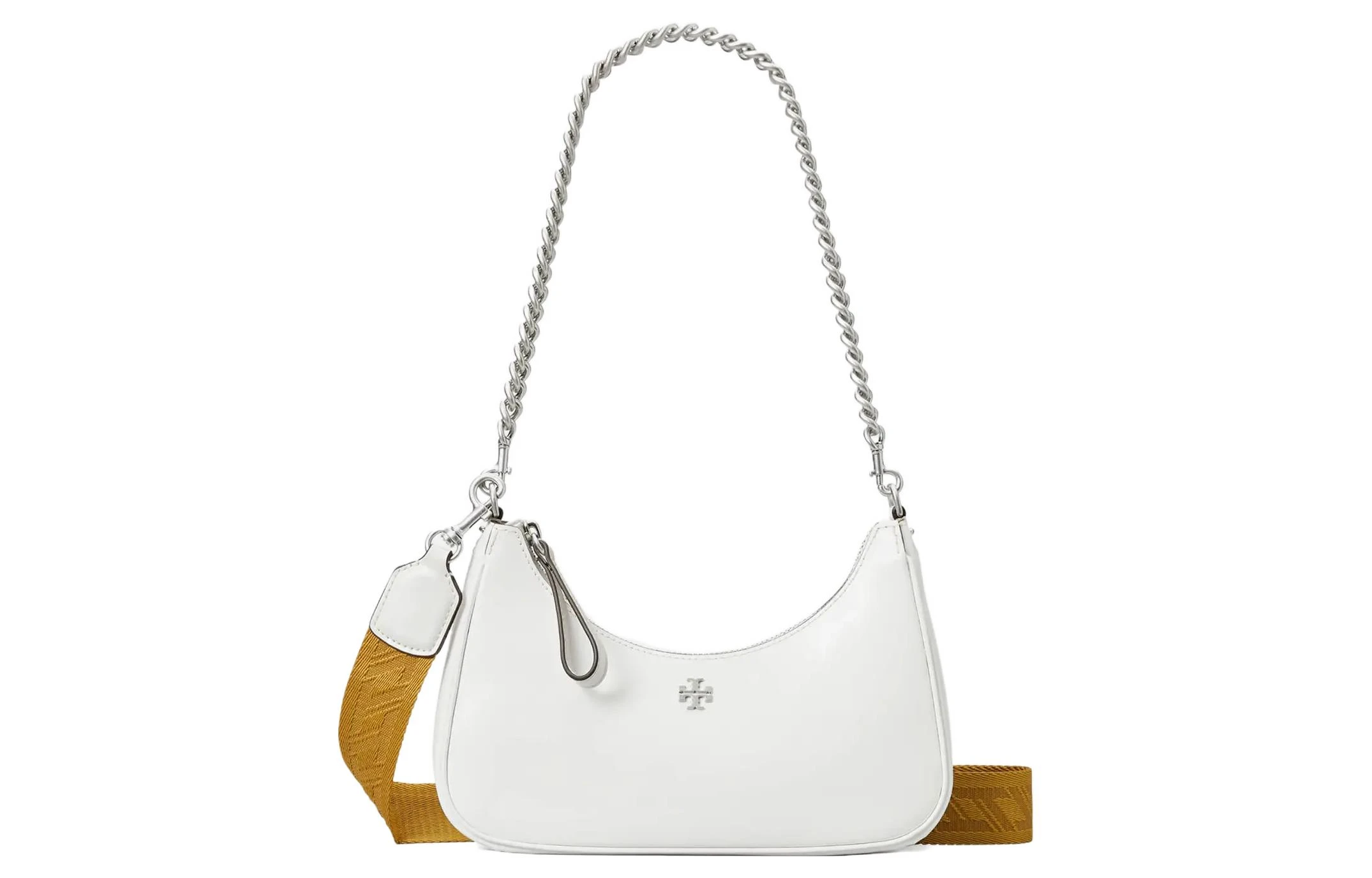 商品[国内直发] Tory Burch|MERCER 银色双T标志拼色可拆卸肩带 皮革 月牙包腋下包手提单肩包 小号 女款 白色,价格¥2114,第1张图片