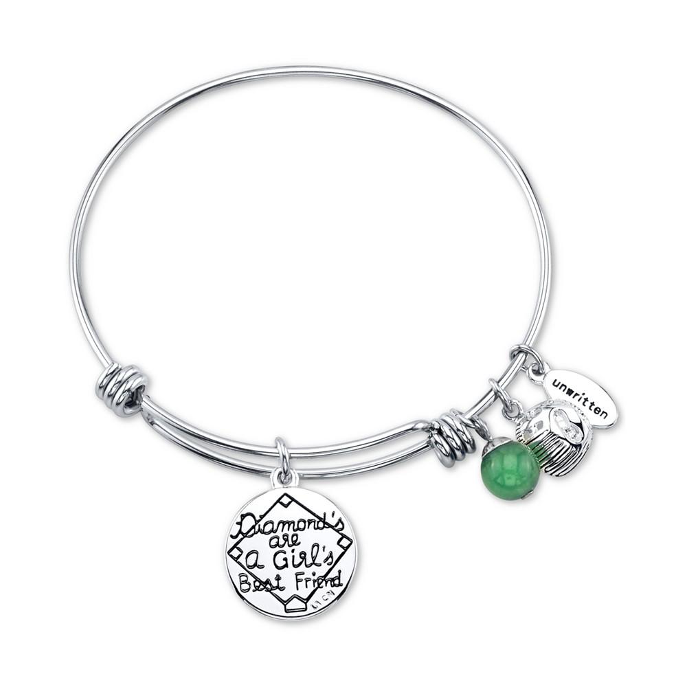 Baseball Charm and Green Aventurine (8mm) Bangle Bracelet in Stainless Steel Silver Plated Charms商品第2张图片规格展示