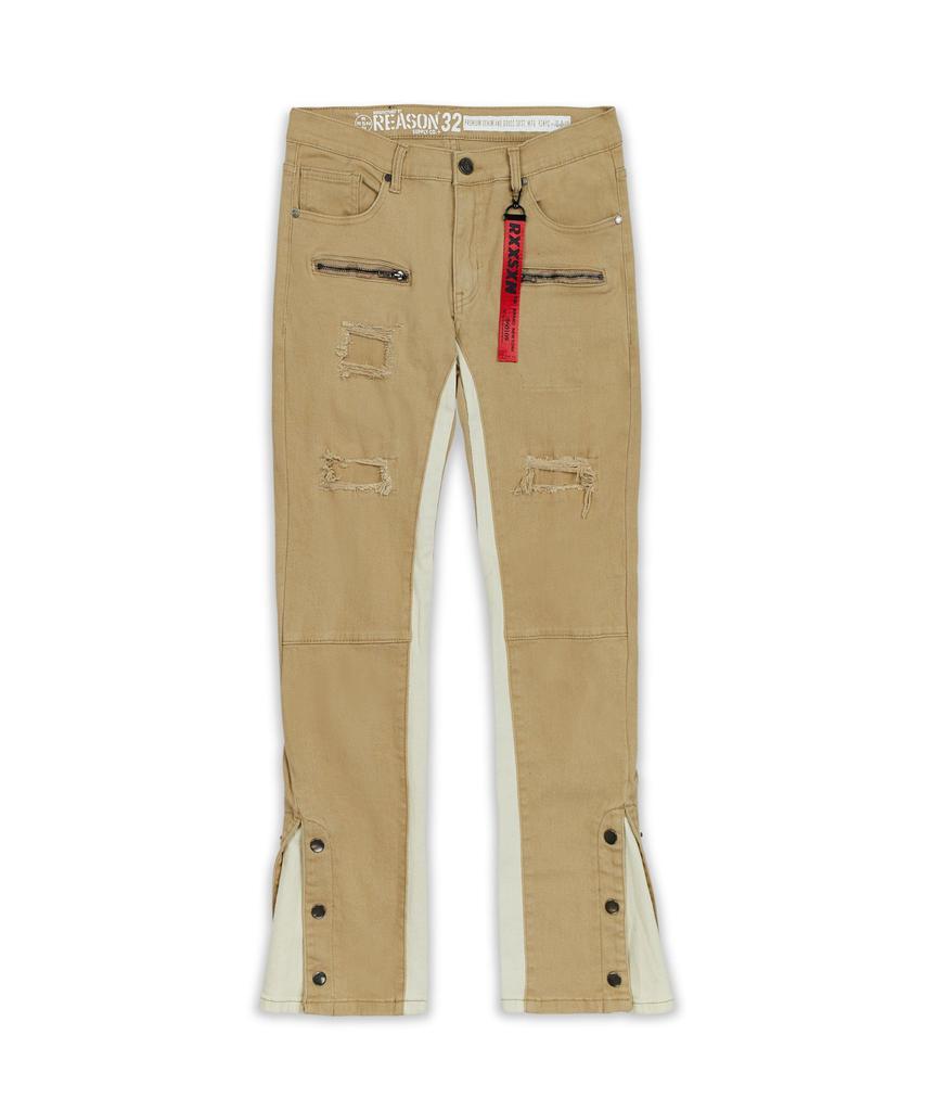 商品Reason Clothing|Snap & Flare Ripped And Repaired Denim Jeans - Khaki,价格¥437,第6张图片详细描述