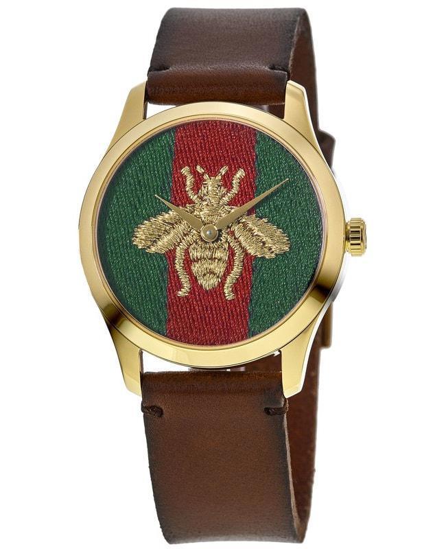 商品Gucci|Gucci G-Timeless Gold Tone Green & Red Bee Dial Leather Strap Unisex Watch YA126451A,价格¥4579,第1张图片