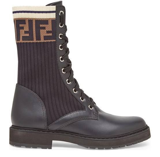 商品Fendi|Black leather biker boots with stretch fabric,价格¥7229,第1张图片