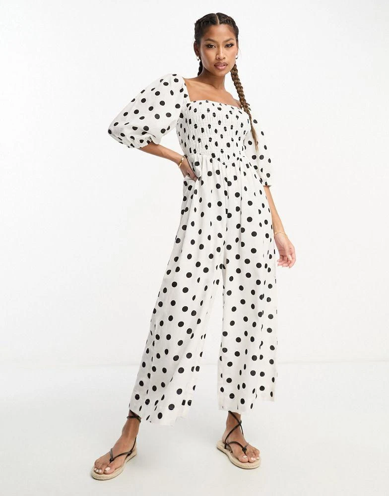 商品ASOS|ASOS DESIGN linen look shirred bodice puff sleeve jumpsuit in mono spot print,价格¥267,第1张图片