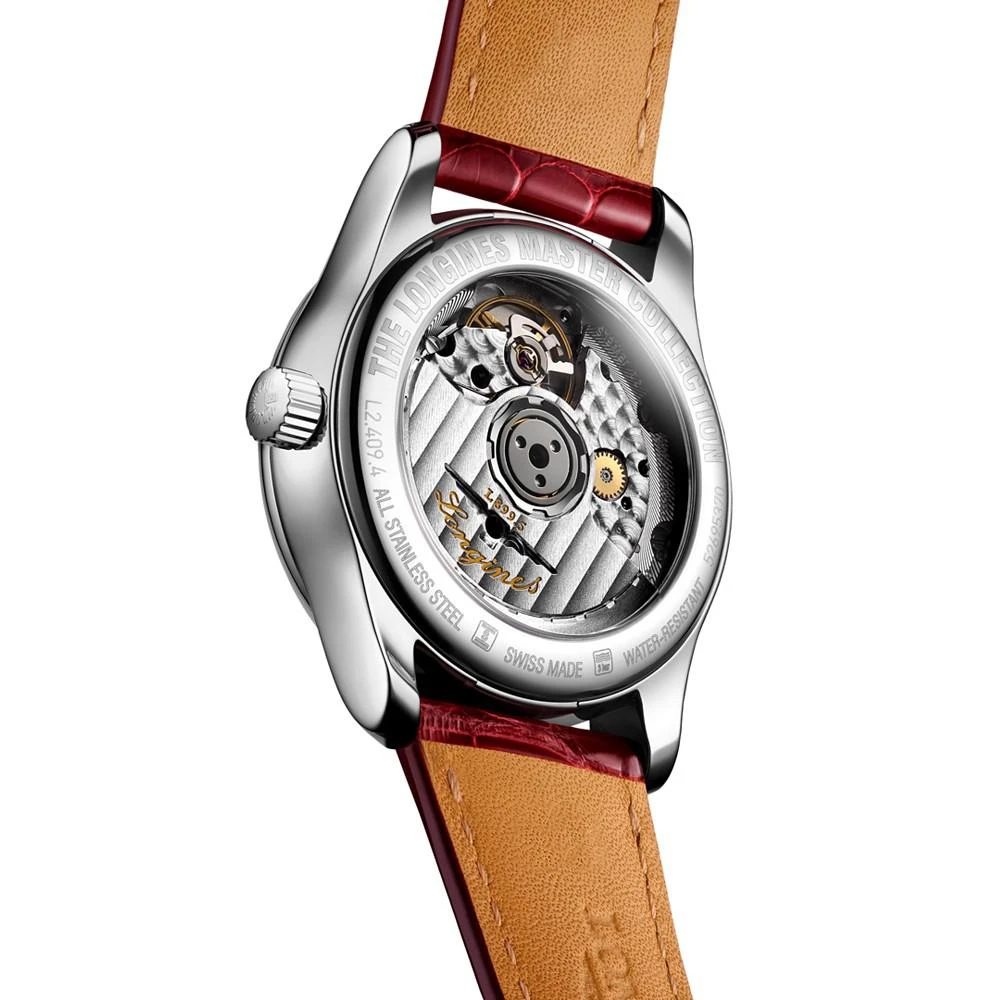 商品Longines|Women's Swiss Automatic Master Diamond (1/20 ct. t.w.) Red Leather Strap Watch 34mm,价格¥22403,第2张图片详细描述