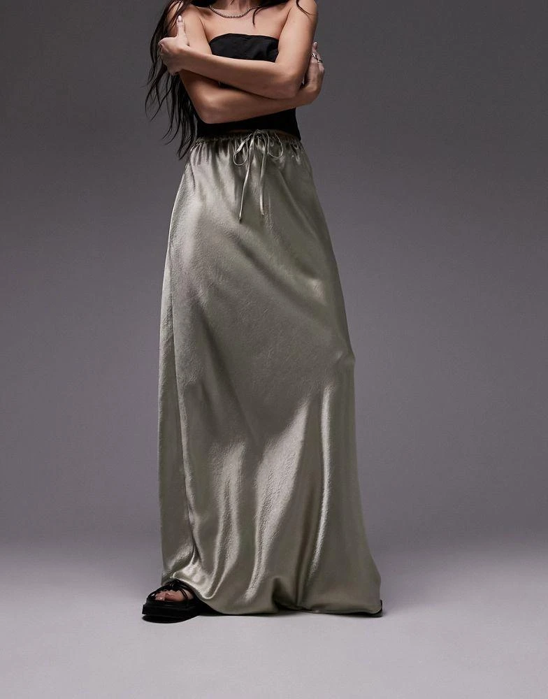 商品Topshop|Topshop drawstring liquid look satin bias maxi skirt in khaki,价格¥264,第1张图片