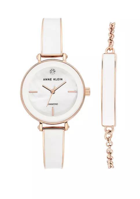 商品Anne Klein|Rose Gold Metal White Enamel Diamond Bracelet Watch,价格¥714,第1张图片