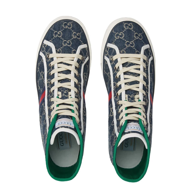 商品Gucci|【预售3-7天】GUCCI/古驰 21早春Tennis 1977系列 男士深蓝色GG提花牛仔布红蓝织带高帮休闲运动鞋6258072KQ904464,价格¥5459,第5张图片详细描述