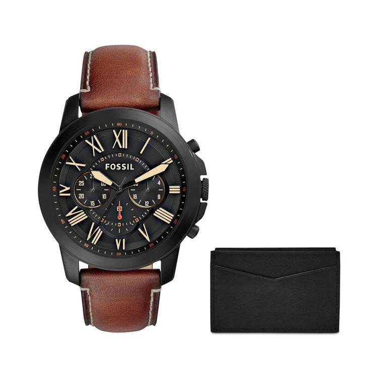 商品Fossil|Men's Chronograph Grant Brown Leather Strap Watch & Leather Card Case Box Set 44mm FS5335SET,价格¥479,第3张图片详细描述