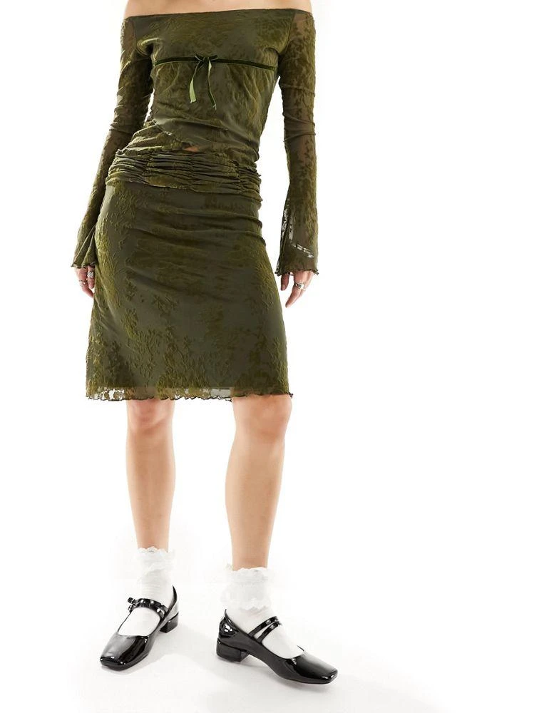 商品Motel|Motel flocked floral knee-length skirt in olive green co-ord,价格¥184,第1张图片