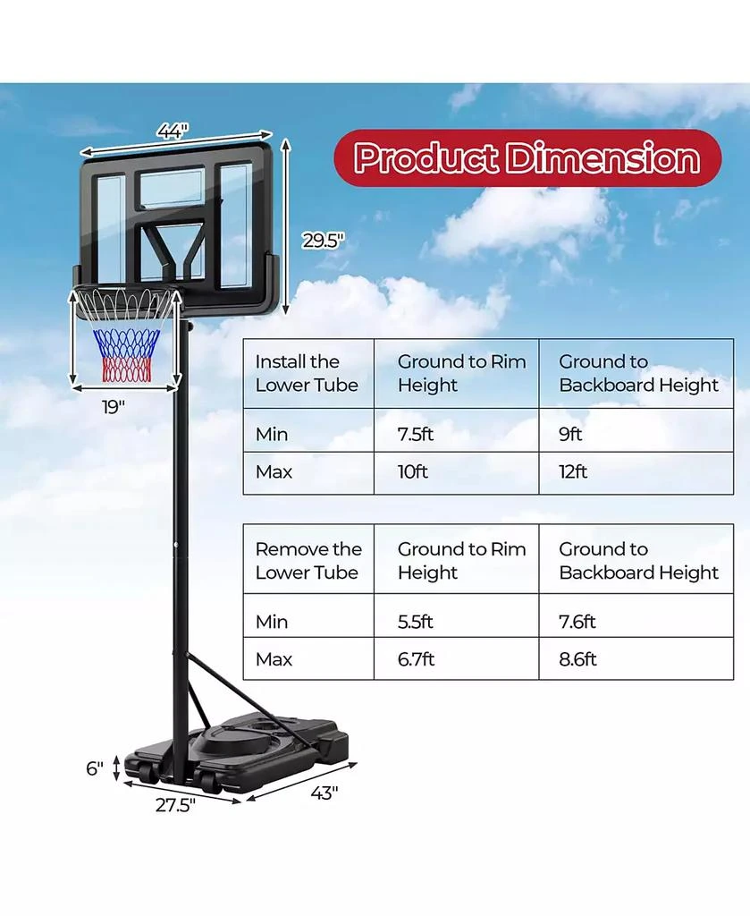 商品Costway|Portable Basketball Hoop 7.5-10FT Adjustable Basketball Goal System,价格¥1145,第3张图片详细描述