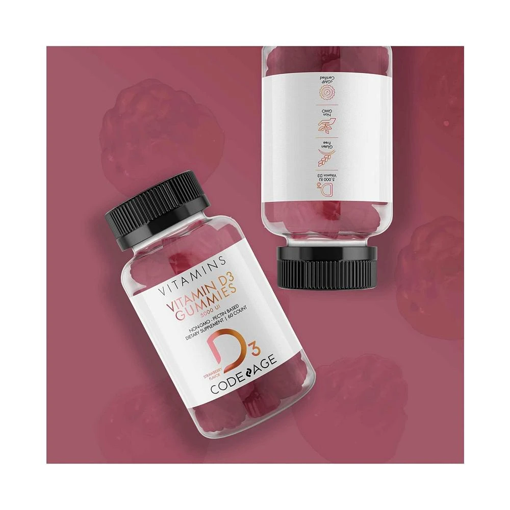 商品Codeage|Vitamin D3 Gummies 2-Pack, 5000 IU, Strawberry Flavored Vitamin Supplement -  60ct,价格¥299,第3张图片详细描述