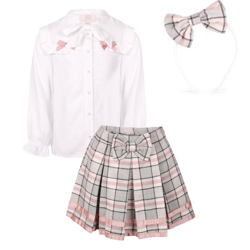 Checkered pleated skirt blouse and hair band set in white grey and pink商品第1张图片规格展示