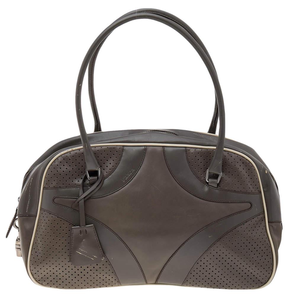 Prada Grey/White Vitello Drive and Perforated Leather Bowler Bag商品第1张图片规格展示