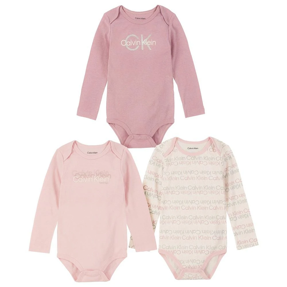 商品Calvin Klein|Baby Girls Logo Print and Single-Dye Long Sleeve Bodysuits, Pack of 3,价格¥333,第1张图片