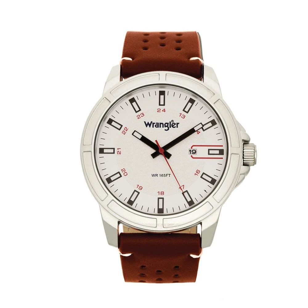 商品Wrangler|Men's, 48MM Silver Case with White Dial, White Index Markers, Sand Satin Dial, Analog, Date Function , Red Second Hand, Brown Strap with White Accent Stitch,价格¥425,第1张图片