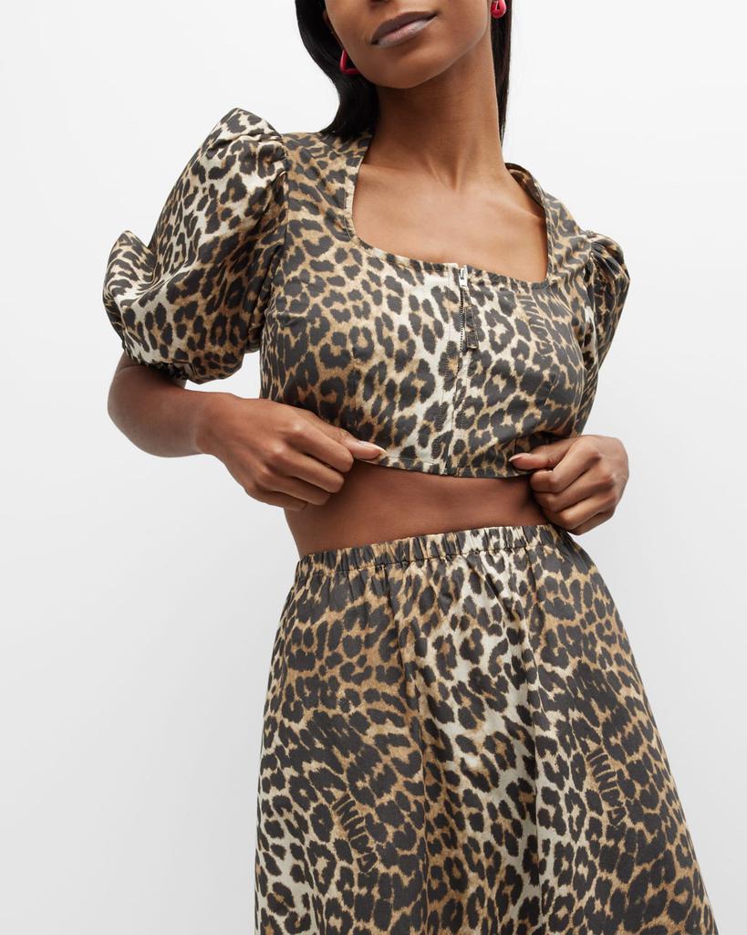 Leopard Cropped Zip-Front Blouse商品第6张图片规格展示