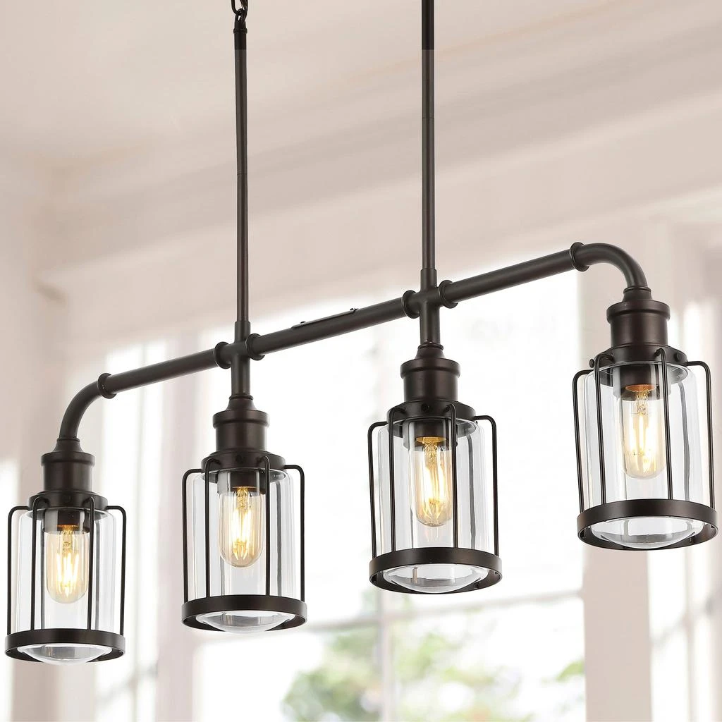商品JONATHAN Y|Abbott 34" 4-Light Farmhouse Industrial Iron/Glass Linear LED Pendant,价格¥1278,第1张图片