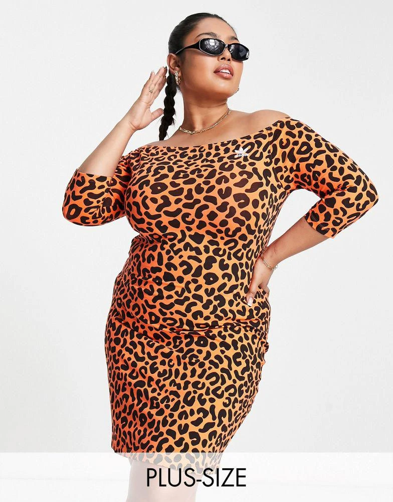商品Adidas|adidas Originals x Rich Mnisi Plus all over leopard print bardot dress in orange,价格¥249,第1张图片