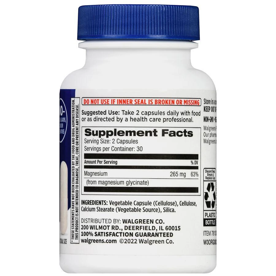 商品Walgreens|Magnesium Glycinate 265 mg Capsules,价格¥125,第3张图片详细描述