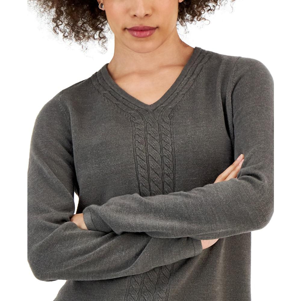 Women's V-Neck Front-Cable Sweater, Created for Macy's商品第3张图片规格展示