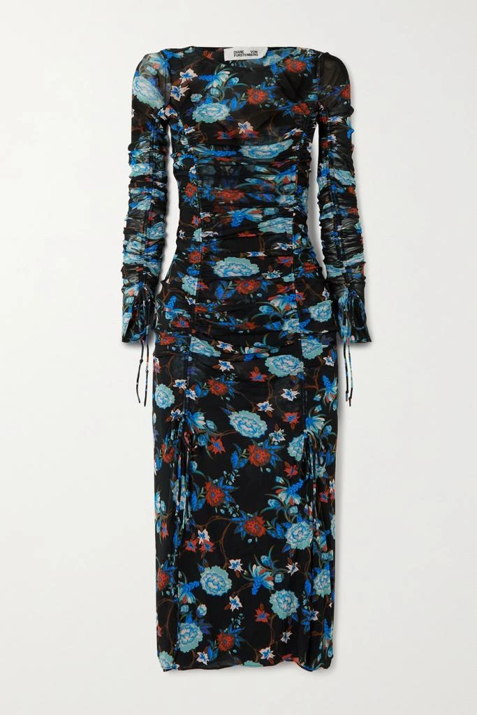 商品Diane von Furstenberg|Corinne 褶饰花卉印花网布中长连衣裙,价格¥2712,第1张图片