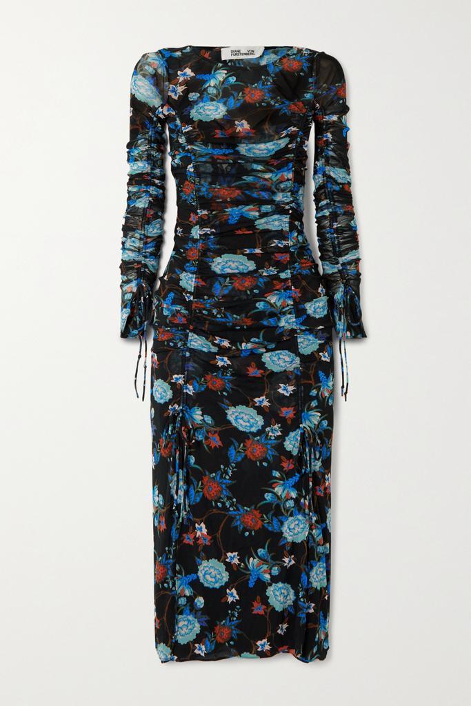 商品Diane von Furstenberg|Corinne 褶饰花卉印花网布中长连衣裙,价格¥2708,第1张图片